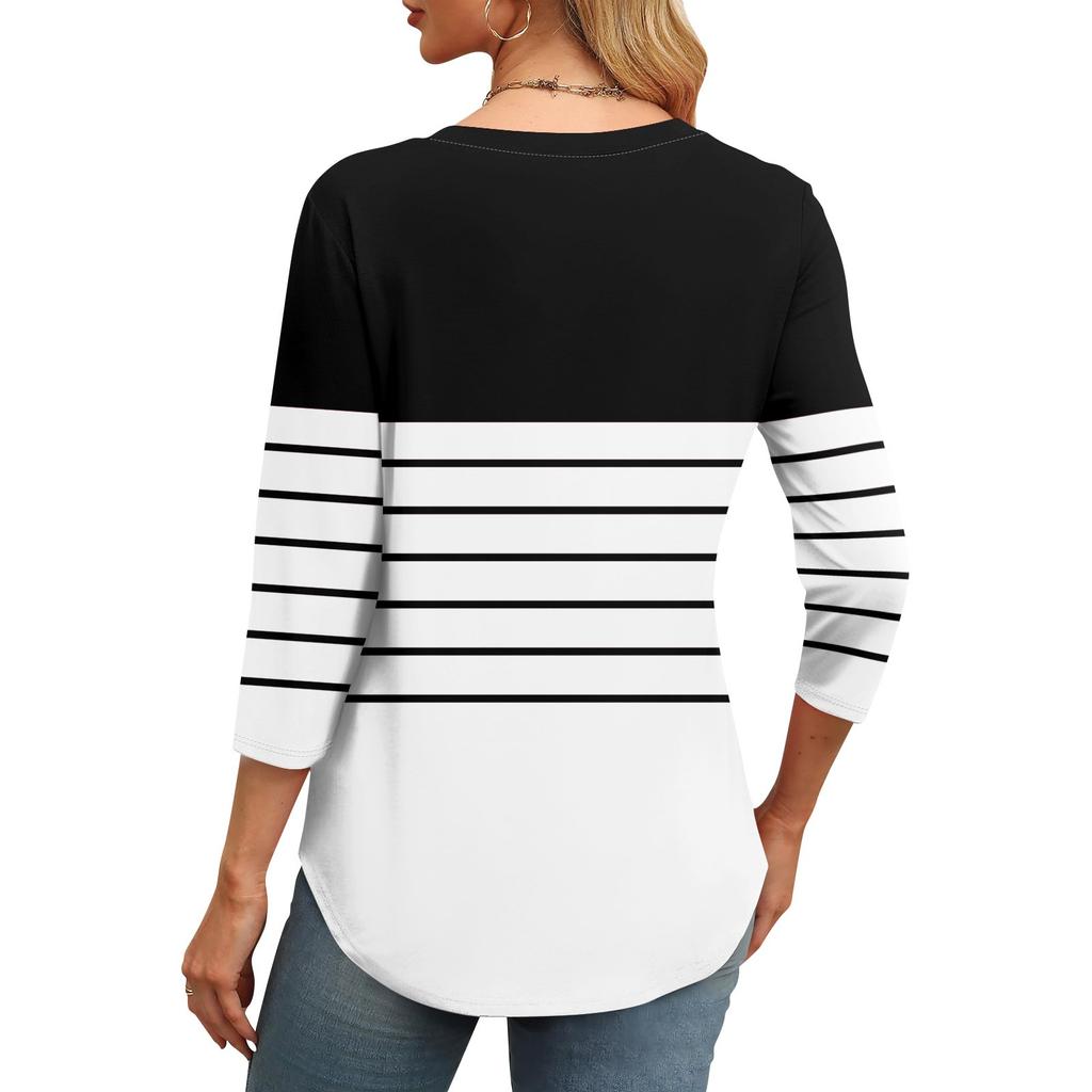 Dámské módní tričko s kulatým výstřihem a 3/4 rukávy s potiskem, ležérní základní plisovaný pulovr