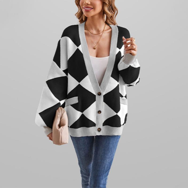 Women S V Neck Lantern Sleeve Loose Knit Cardigan Sweater Autumn Winter
