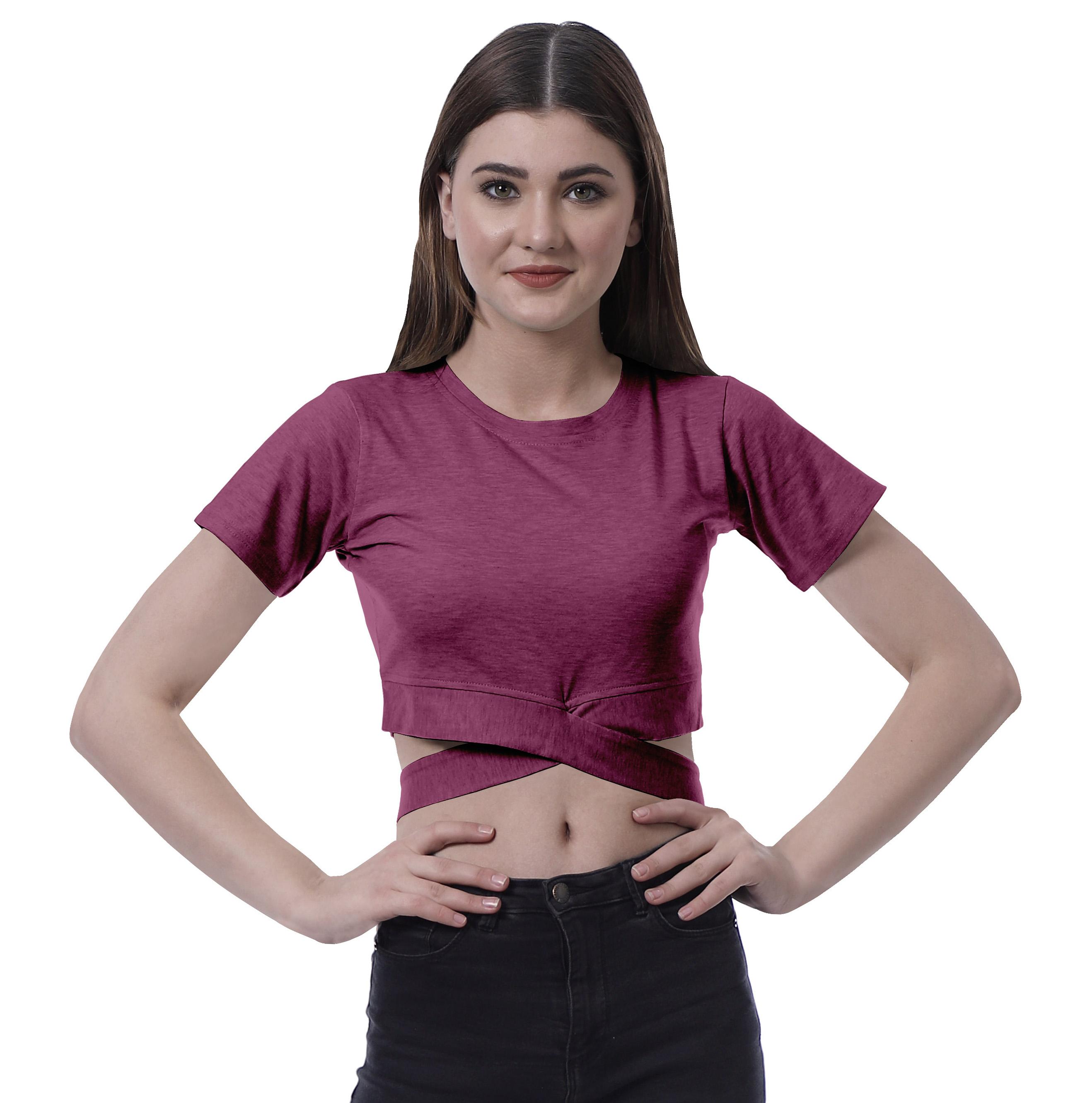 

Moomaya Women Criss Cross Hem Top Short Sleeve Round Neck Tee Shirt Blouse XS сливовий