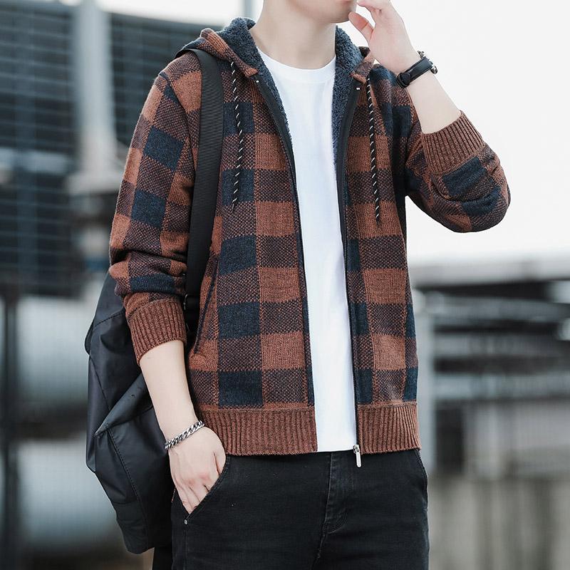 

Осенний мужской вязаный свитер в клетку, кардиган с капюшоном, теплое пальто, модная куртка на молнии, флисовая блузка, зимний мужской кардиган XL коричневый