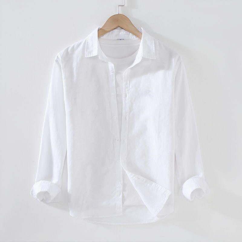 Camping Spring Summer Linen White Long-Sleeved Shirt, Men's Cotton&Linen Shirt, Business Casual, Comfortable Loose Blouson
