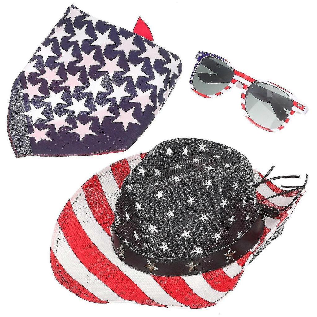 1 Set Of American Flag Cowboy Hat Party Sunglasses Scarf Set Western Cowboy Hat