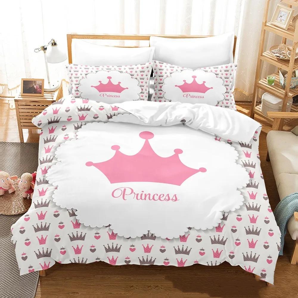 Princess Crown Bedding Sets For Girls Microfiber Duvet Cover Set Full Size ,Pink Butterfly Festival Comforter Cove Pillowcases