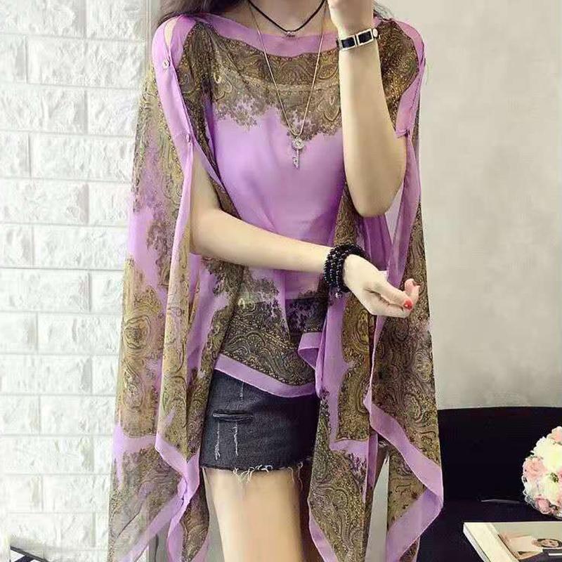 

Летний солнцезащитный шифоновый шарф с принтом, шарф, полиэстеровые платки для женщин, пляжный шелковый декоративный платок фиолетовый