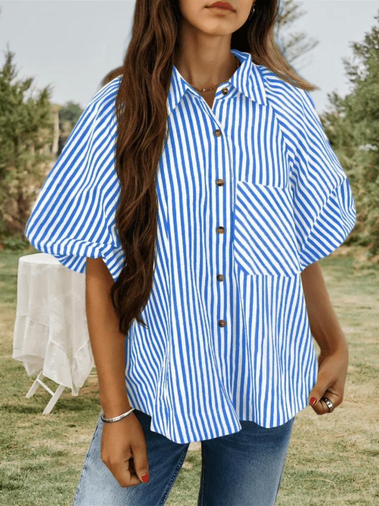Blusa de Mujer Rayada con Mangas Abullonadas, Cuello en V, Cuello Camisero, Botones, Top Holgado