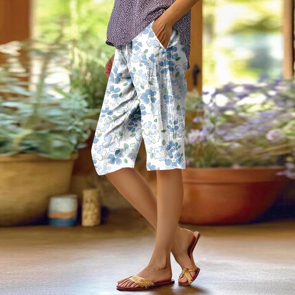 Women's Fashion Printed Pocket Elastic Waist Casual 5/10 Pants