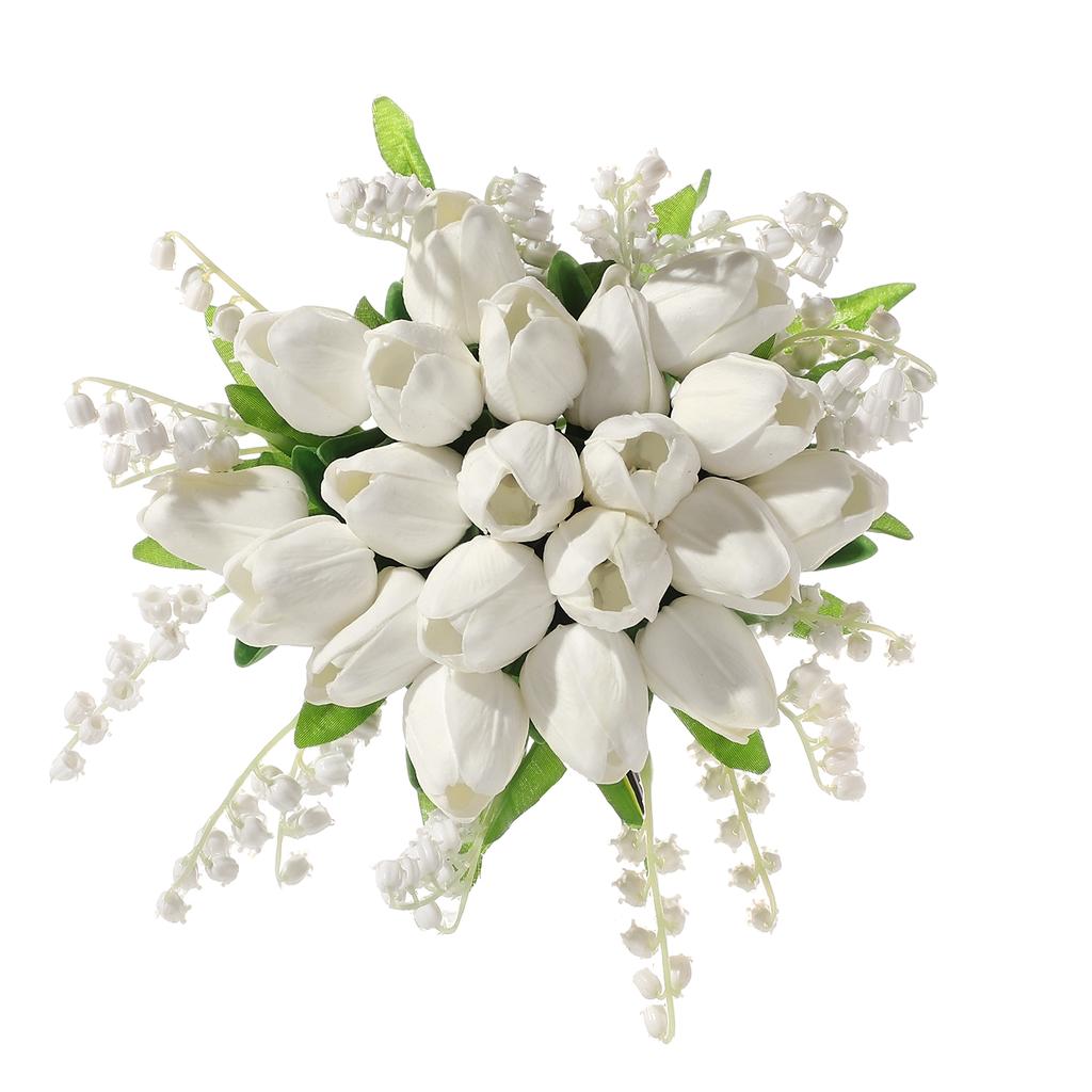 Minimalist White Wedding Bouquet with Artificial Tulips and Lily of the Valley, Large Satin Bow with Crystal Center