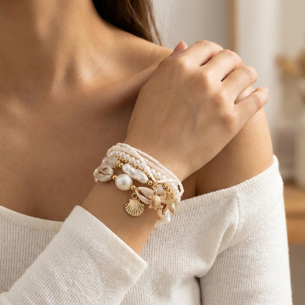 Boho Sea Turtle Starfish Cowrie Shell Charms Bracelet for Women Fashion Layered Pearl Beaded Bracelets Summer Beach Jewelry Gift