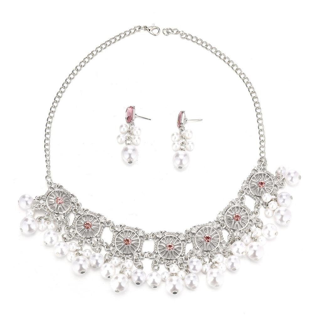 Woman Vintage Hollow Jewelry Sets Simulated Pearl Tassel Necklace Earrings