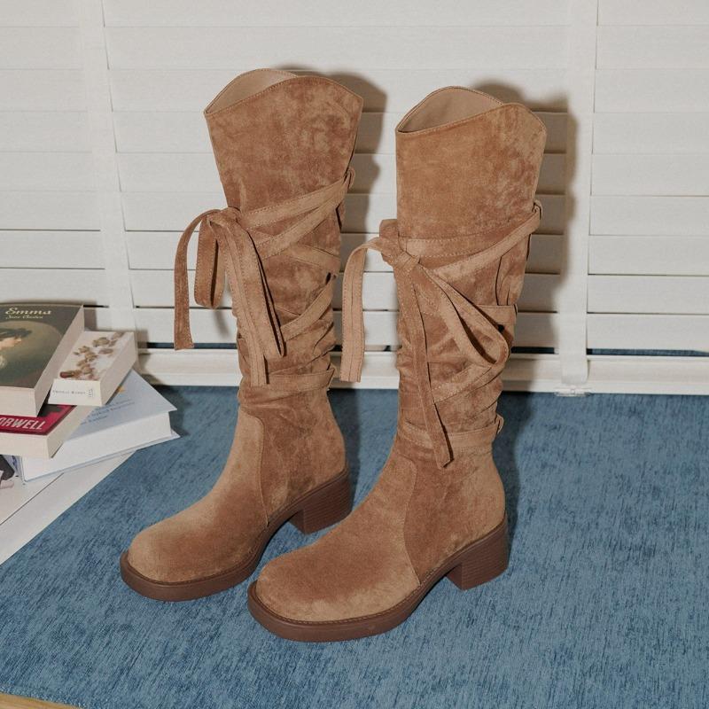 Fashion Lace Up Women's Mid Heels Long Boots Designer Retro Suede Shoes Designer Chunky Winter Shoes 2025 New Fashion Pumps Cool Boots