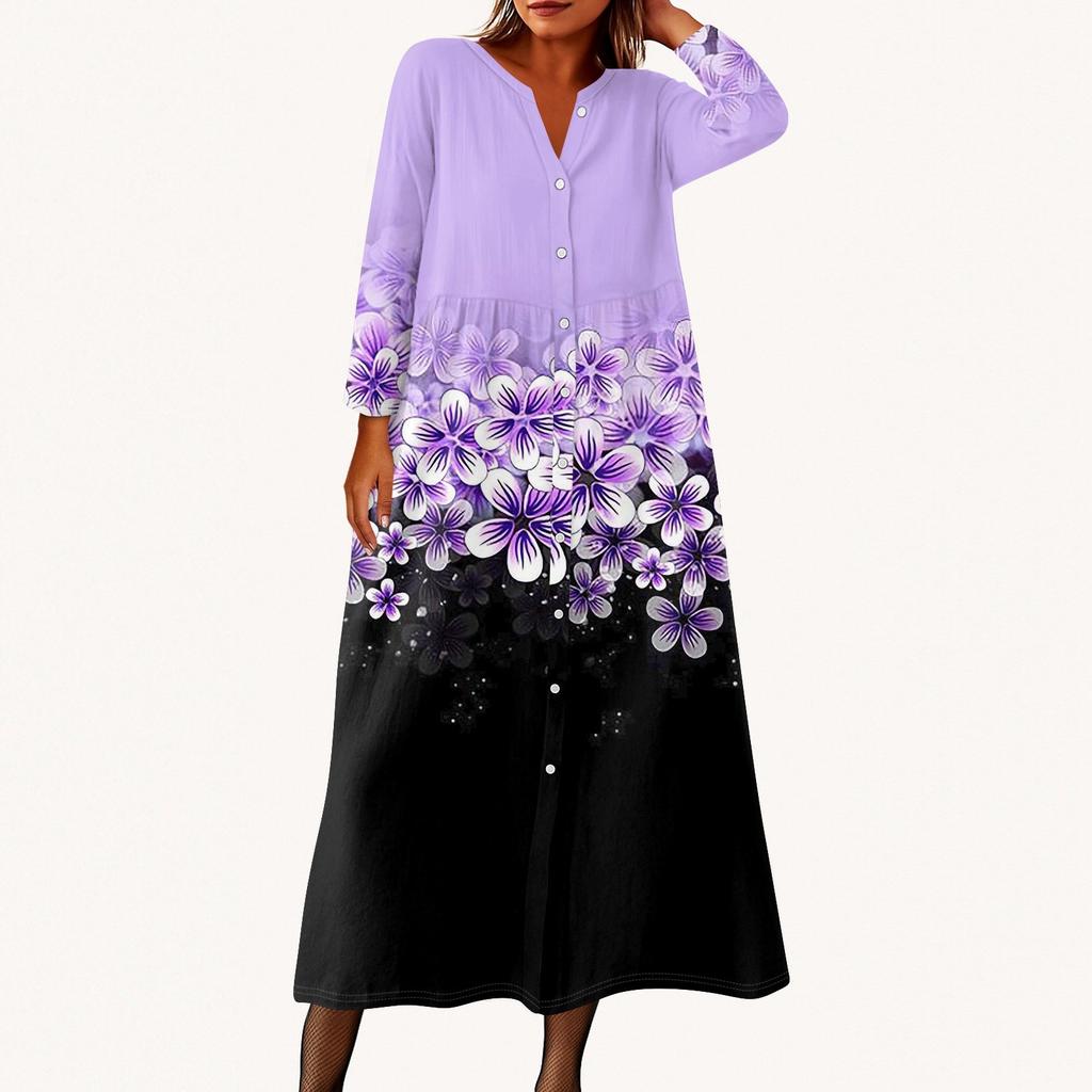 Women's Fashionable Printed Round Neck Seven Quarter Sleeve Button Loose Shirt Dress