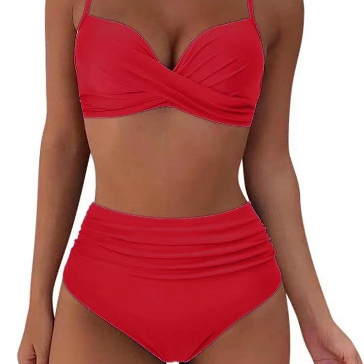 Women's Swimsuit Solid Color Pleated High Waist Sexy Bikini Tankini Beach Wear