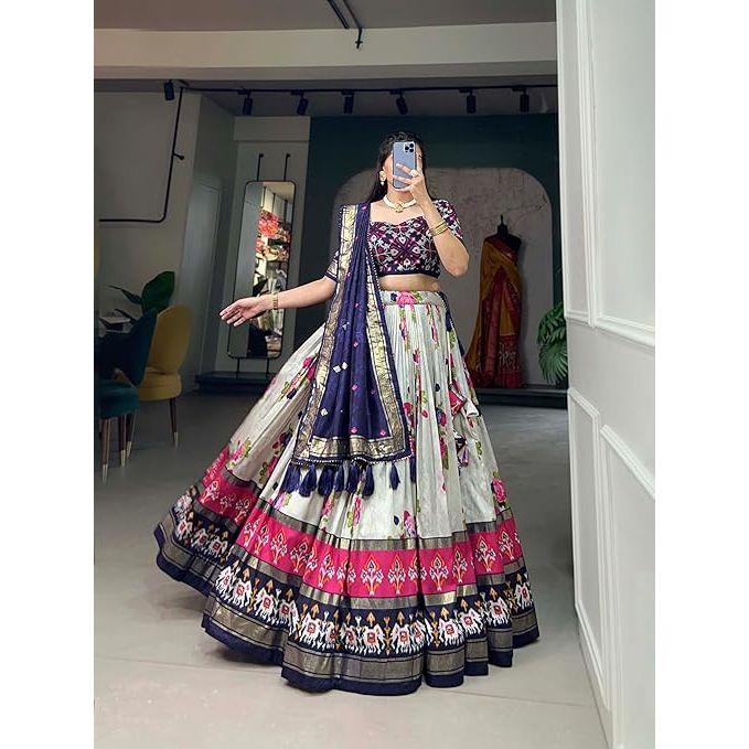 Women Tussar Silk With Patola Print And Foil Work Lehenga Choli ,Unstiched Blouse,