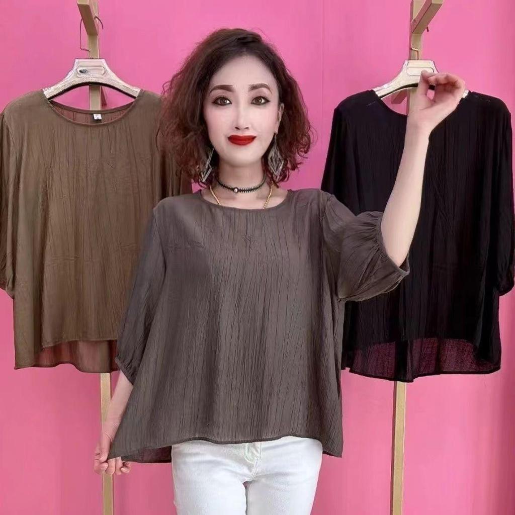 2024 Damen Tencel Baumwolle Leinen Mittellangärmelige Lockere Freizeitbluse mit Schlankmachender Bauchkontrolle für Mittelalte und Ältere