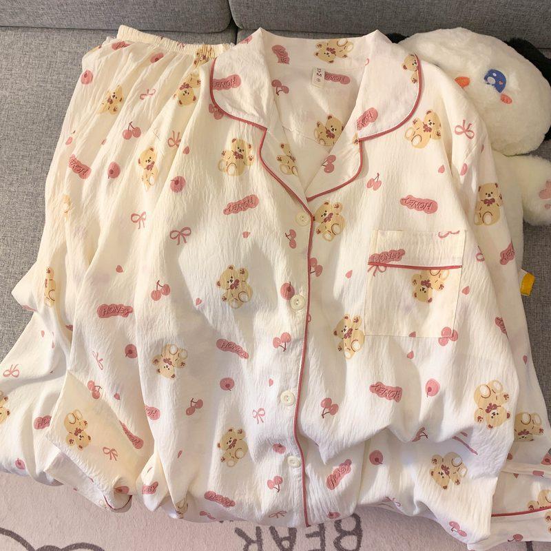 1011 new pajamas female sweet girl student teddy bear long sleeves trousers lapel cardigan set loungewear
