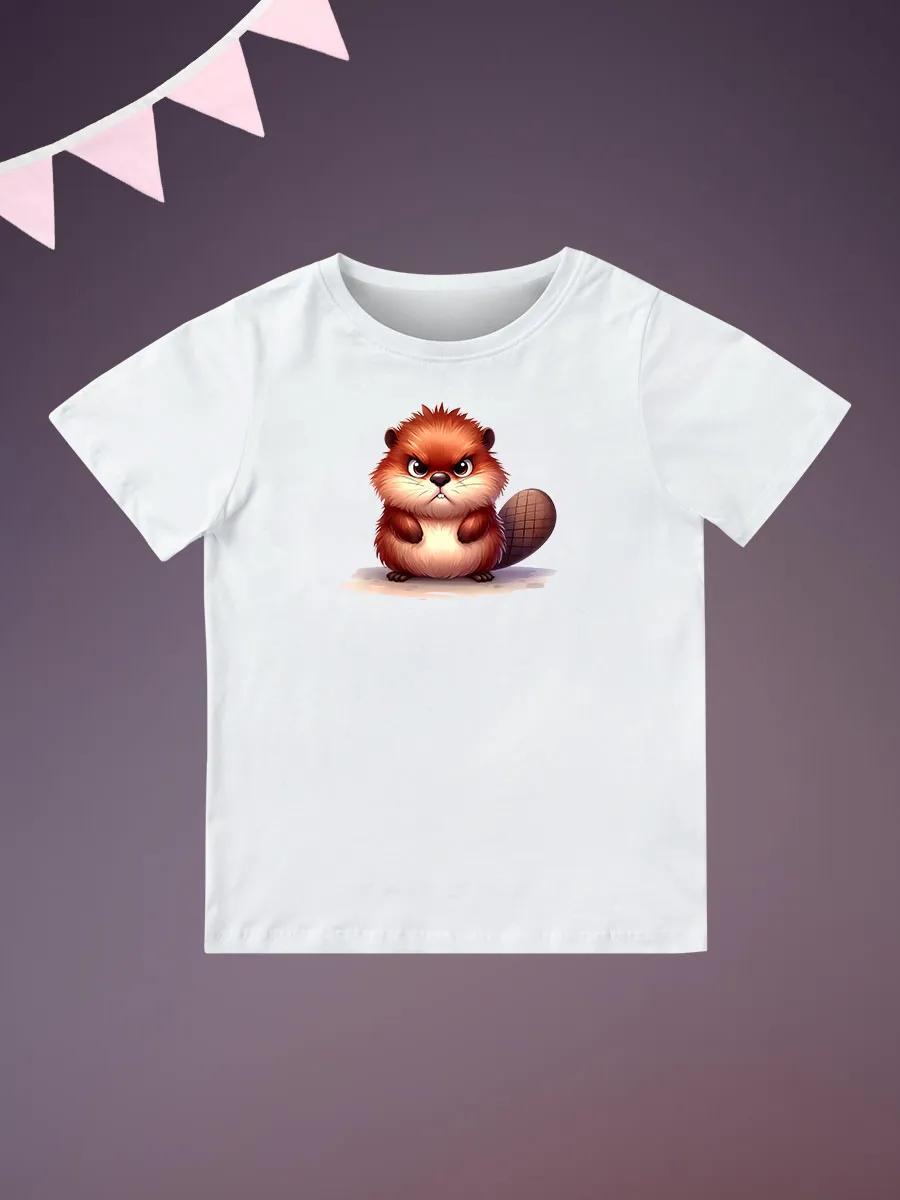 Round Neck Printed Pattern Pullover Short Sleeve Kids Tops Angry Beaver 120