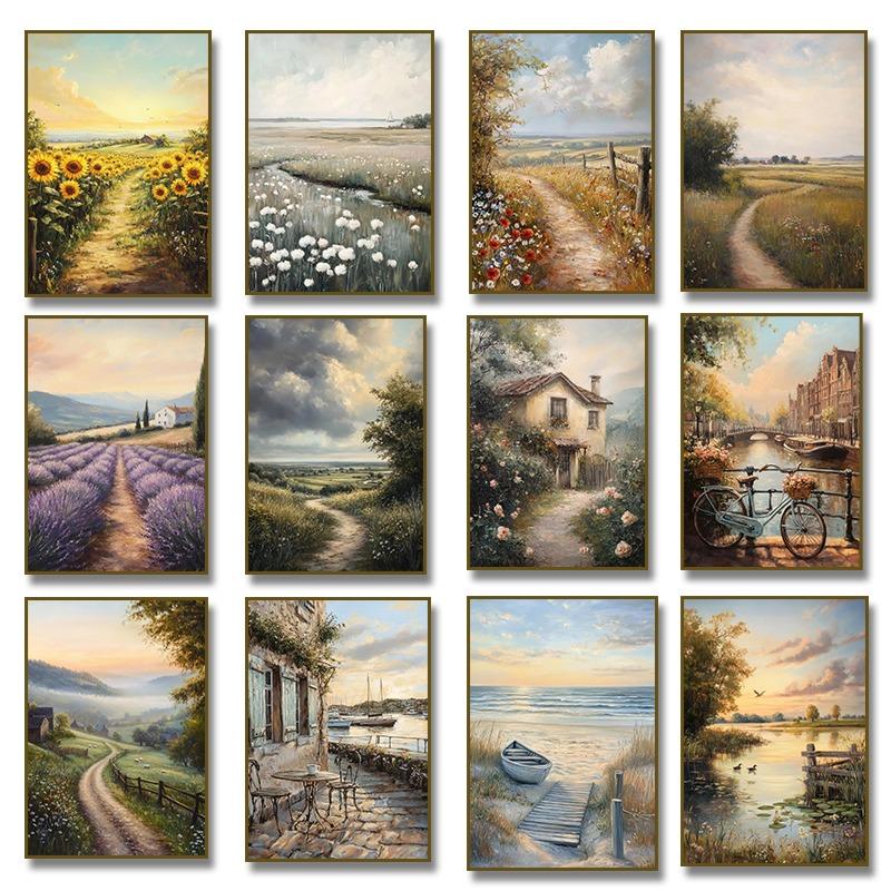 Vintage Amsterdam Country Road Rustic Lavender Fields Flower Poster Beach Landscape Canvas Painting Print Wall Art Room