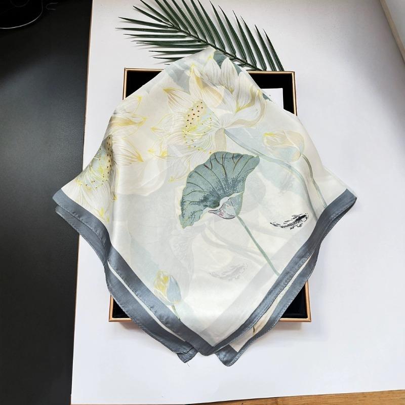 70cm Fresh Lotus Silk Scarf Women's Imitation Silk Fresh and Elegant Printed Scarf Thin Spring Summer and Autumn Shawl Headscarf