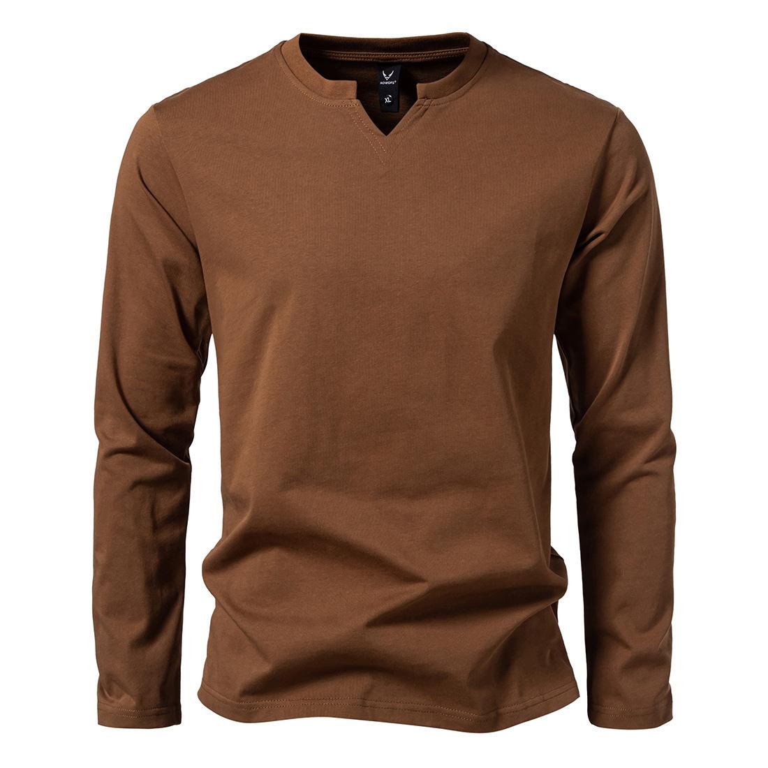 

Мужская футболка с V-образным вырезом и длинными рукавами, мужская модная футболка, британская рубашка-бомбер, повседневная футболка с воротником Генри 5XL темно-коричневого