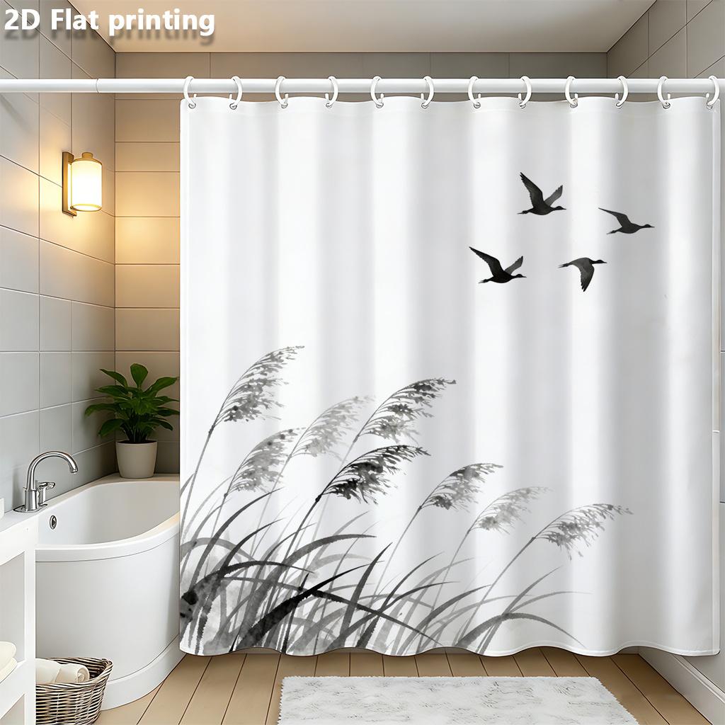 

Ink Wash Birds & Reeds Shower Curtain 1Pc With 12 Hooks Polyester 2D Flat Print 70.8X70.8 Inch Zen Minimalist Bathroom Decor W60H190(CM)-1 Pcs