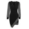 Damen Frühlings-/Herbstkleid, V-Ausschnitt, Laternenärmel, unregelmäßiger Saum, durchsichtiges Netz, Pailletten, Patchwork, Etuikleid über dem Knie, Abschlussball, Party, Minikleid