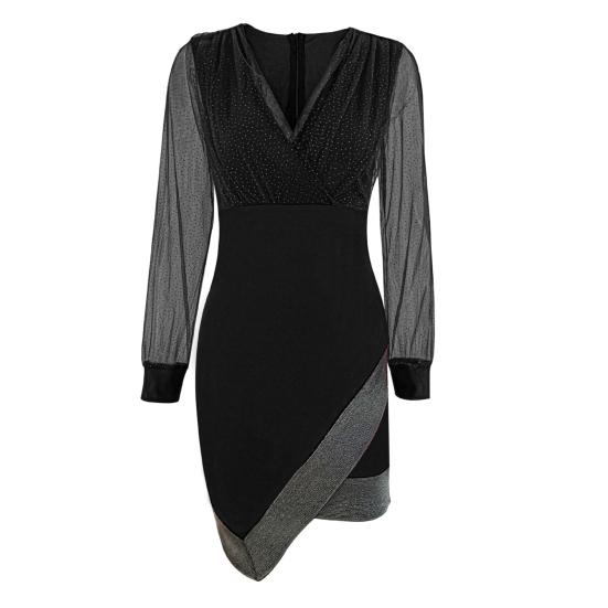Damen Frühlings-/Herbstkleid, V-Ausschnitt, Laternenärmel, unregelmäßiger Saum, durchsichtiges Netz, Pailletten, Patchwork, Etuikleid über dem Knie, Abschlussball, Party, Minikleid