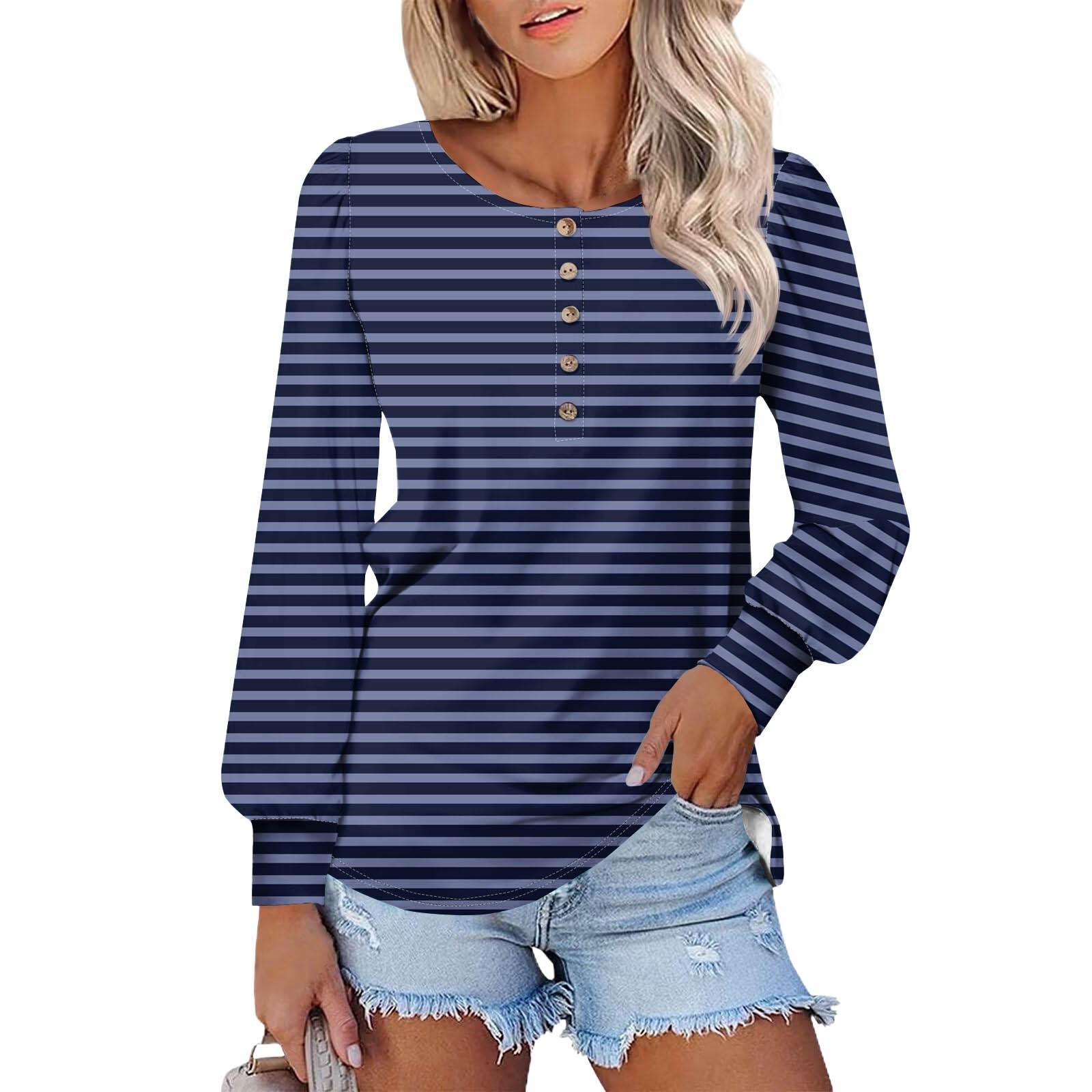 

Женские футболки с длинным рукавом и круглым вырезом, полосатые принты, рубашки с рукавами-фонариками, блузки на пуговицах, топы L