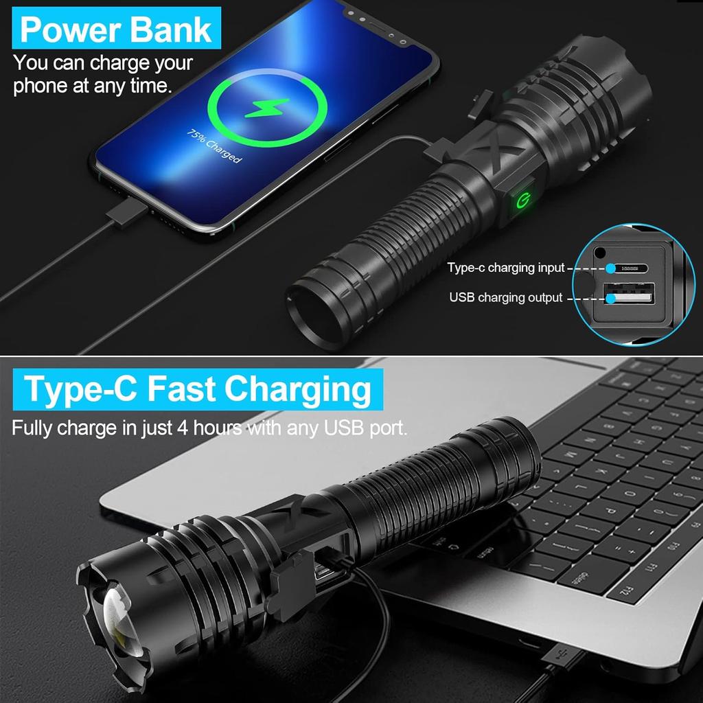 Flashlights High Lumens Rechargeable (Battery Included), 100000 Lumens XHP70.2 Super Bright LED Flashlight with Holster, Type-C, 5 Modes, Zoomable,