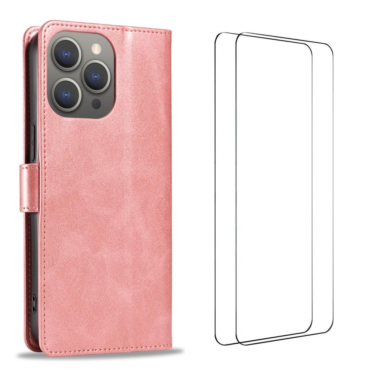 

For iPhone 15 Pro Max Case with 2Pcs Tempered Glass WANLONFENG WN Series Calf Texture Leather Phone Cover Big Cutouts Pink
