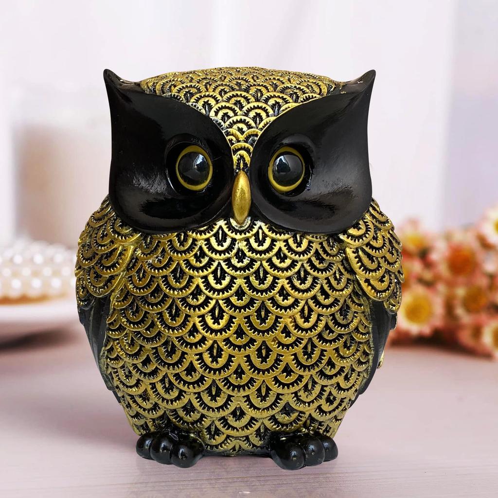 Modern Classy Lucky Owl Resin Art Figure Showpiece, Golden & Black, 1 Piece