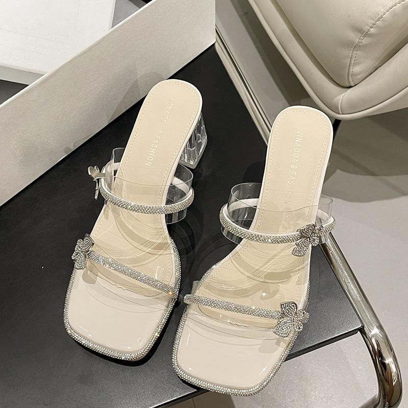 High-heeled slippers for women's summer wear new transparent rhinestone one-word slippers crystal thick-heeled cool slippers