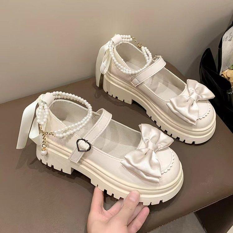 Fashion “Lolita - Style” Patent - Leather Mary Janes, Bow & Pearl - Decorated Chunky Heels, Perfect for Daily & JK Outfits