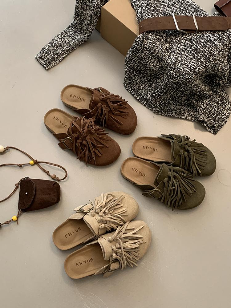 Fashion Genuine Leather Tassel Baotou Half Slippers Women Clogs Cork Insole Sandals With Arch Support Outdoor Beach Slides Home Shoes