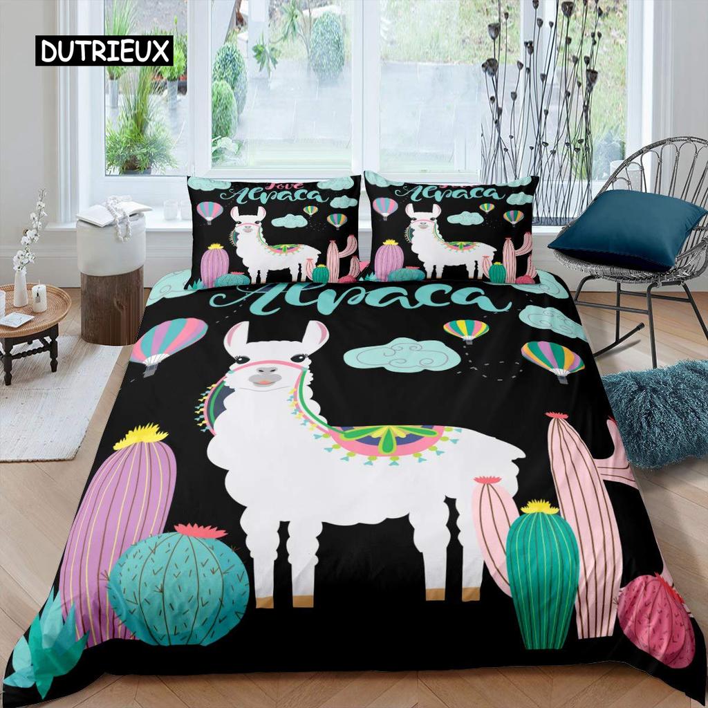 Alpaca Duvet Cover Set Cute Sloth Comforter Cover Cactus Funny Animal Bedding Set Polyester Love Heart Cartoon Style Quilt Cover
