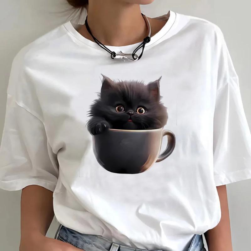 

Футболка с забавным котом для подростков Kawaii Graphic University Streetwear Classic Aesthetic T Shirt 2000s Pastel Classic Graphic T Shirts Womens XXL
