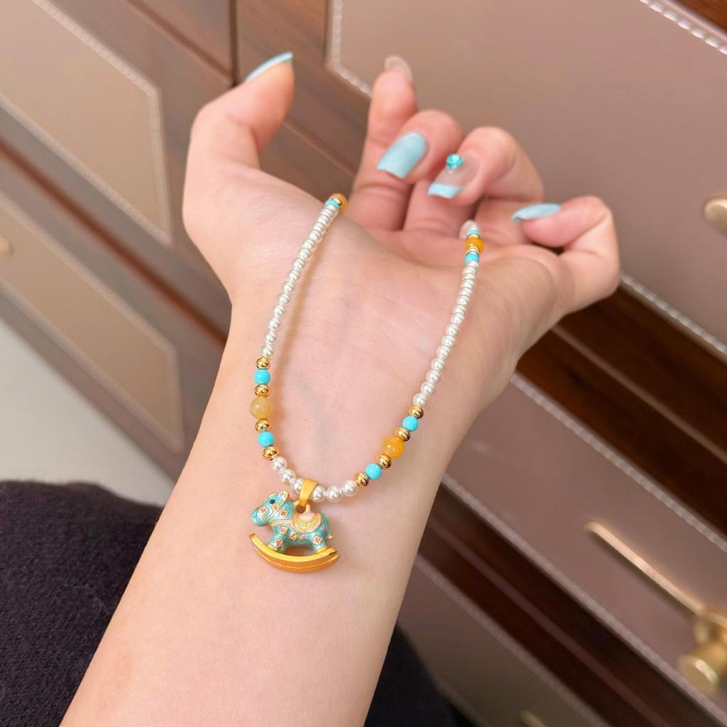 Retro Rocking Horse Pearl Necklace with Colorful Enamel - Luxurious Clavicle Chain