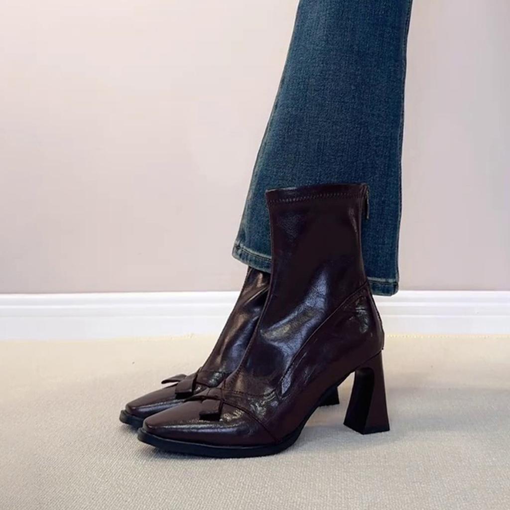 Short boots 2026 retro bow high heels square toe temperament thick heel short boots for women