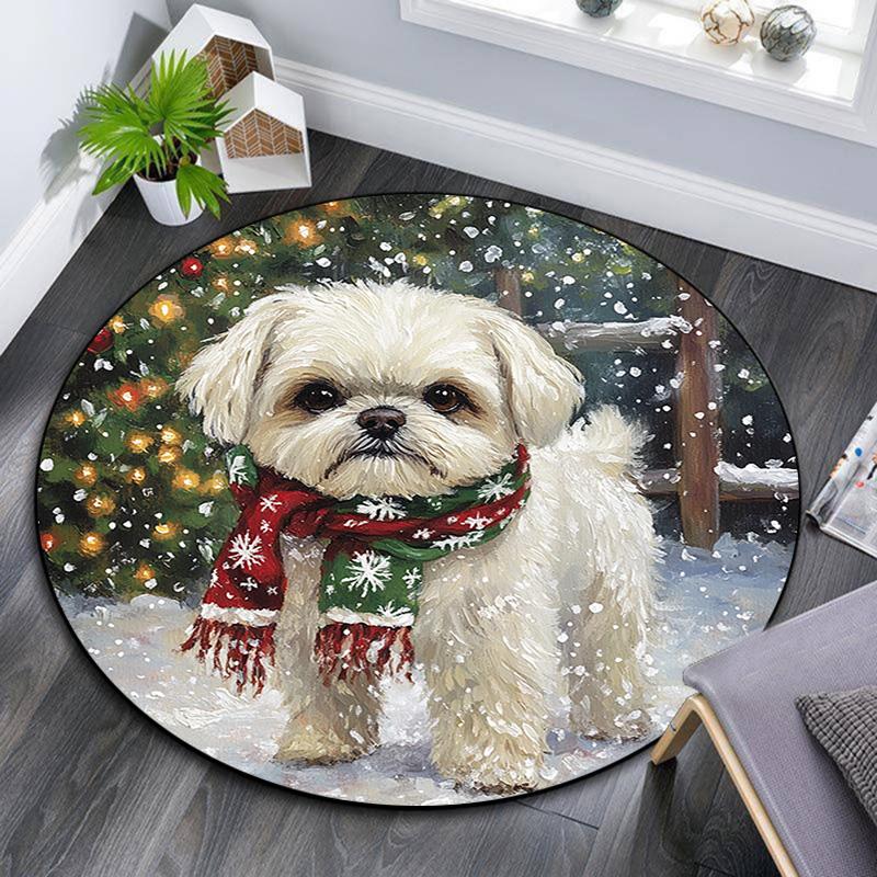 

Winter Dog Round Area Rug,Carpet Rug for Living Room Bedroom Sofa Playroom Decor,Non-slip Floor Mat 80cmx80cm