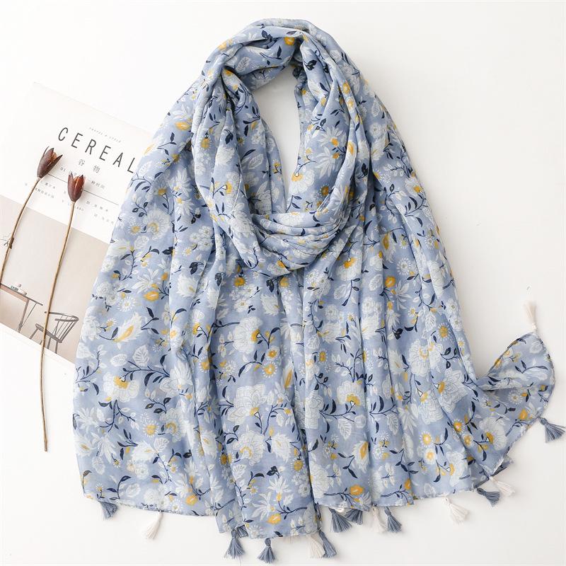 "Bali Yarn Cotton-Linen Scarf: Fresh Solid Color, Fruit Green & Bright Yellow Leaf Print with Tassel Detail"