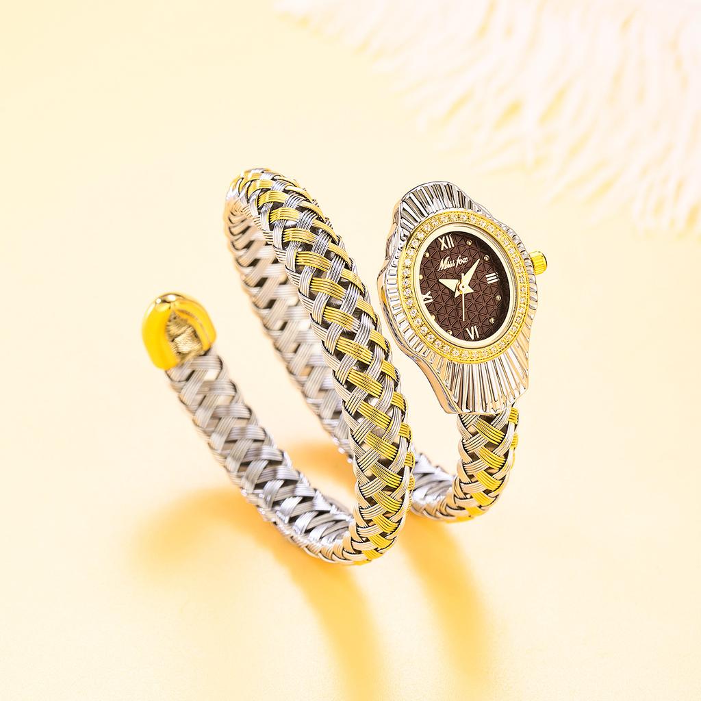 Fashion Women Snake Shape Quartz Watches Weave Design Steel Strap Luxury Rhinestone Dial Wristwatch Girls Clock Reloj Mujer