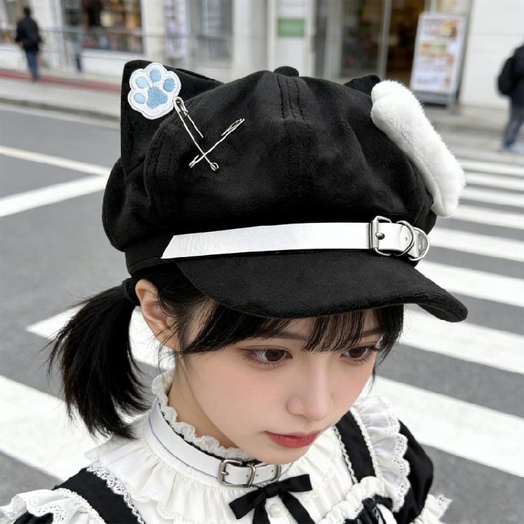 Fashion 2000s Cats Ear Beret Hat Soft Cotton Octagonal Hat for Women Girl Daily Outfit Anime Theme Headwear for Winter Wear