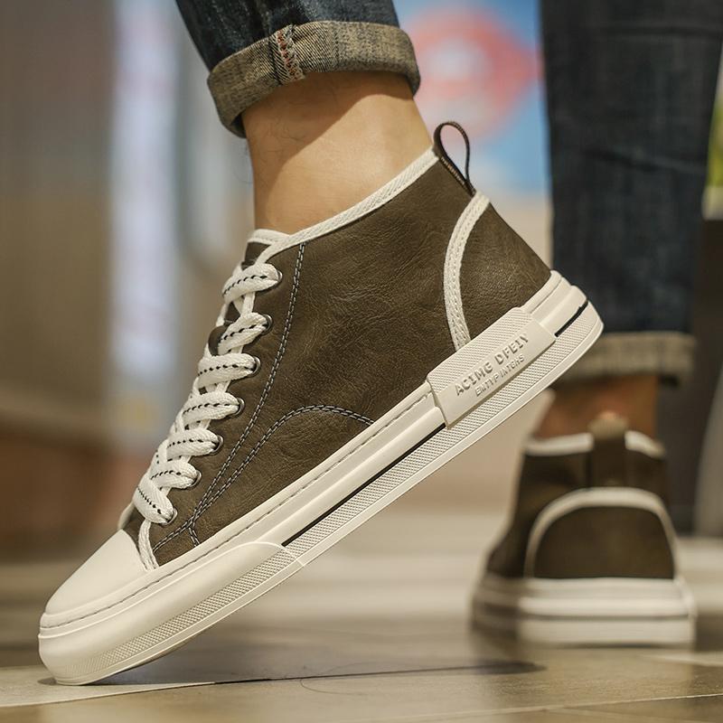 Fashion High Quality Men Casual Leather Shoes Outdoor Flat Designer Sports Shoes High Top Soft Bottom Shoes Brand Comfy Office Work Shoe