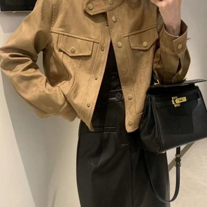 Women's Autumn-Winter Korean Style Suede Jacket - Slimming, Loose Fit, Short Length, Long Sleeves