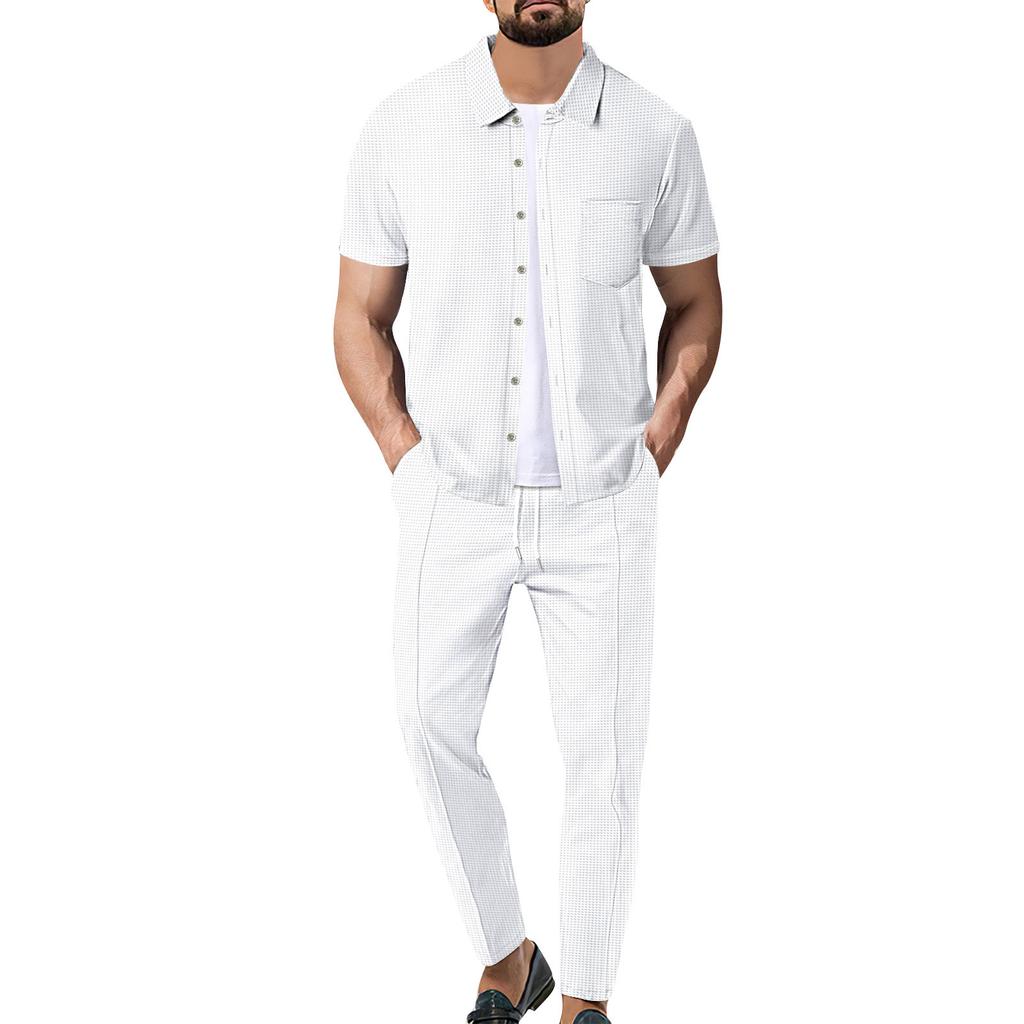 Herren Revers Button Up Cardigan Kurzarm Lange Hosen Lässiges Zweiteiliges Set