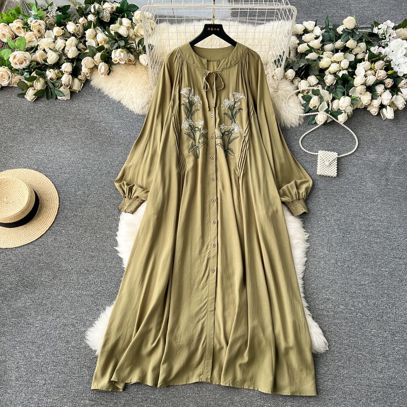 

Women s Clothing Chubby Girl Loose Long Ethnic Style Dress Army Green One size