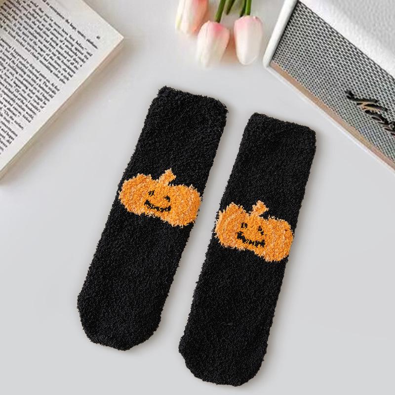 Damen Mid-Calf Halloween Socken, Fleece-gefüttert, Warm & Niedliches Cartoon-Design für Herbst/Winter.
