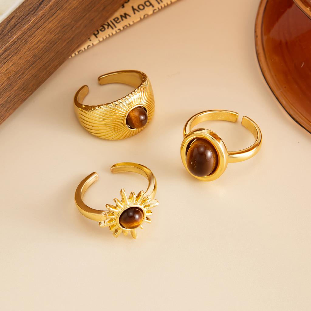 Vintage Slightly Set Gemstone Tiger'S Eye Ring, Fashionable Metal Lava Open Ring Set.