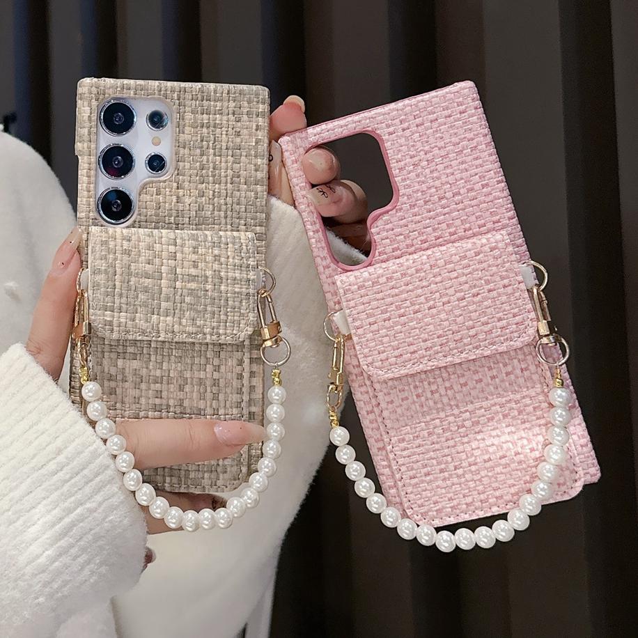 Luxury Cloth Pearl Hand Chain Case For Samsung S24 Ultra S23 Ultra S22 Card Holder Cover For Galaxy S24 Plus Wrist Strap Case