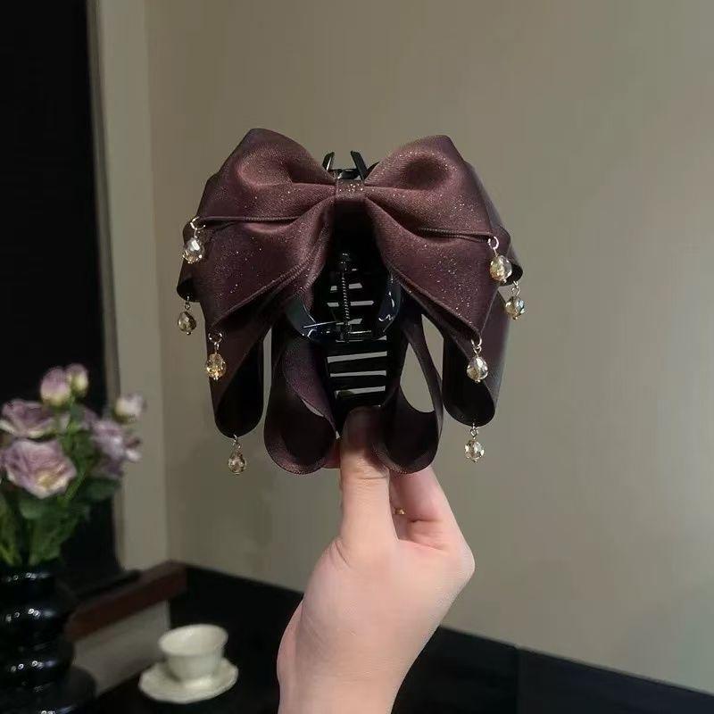 French Retro Bow Beads Claw Clip Korean Fashion Red Ponytail Clip Women's Hairpin Hair Accessory