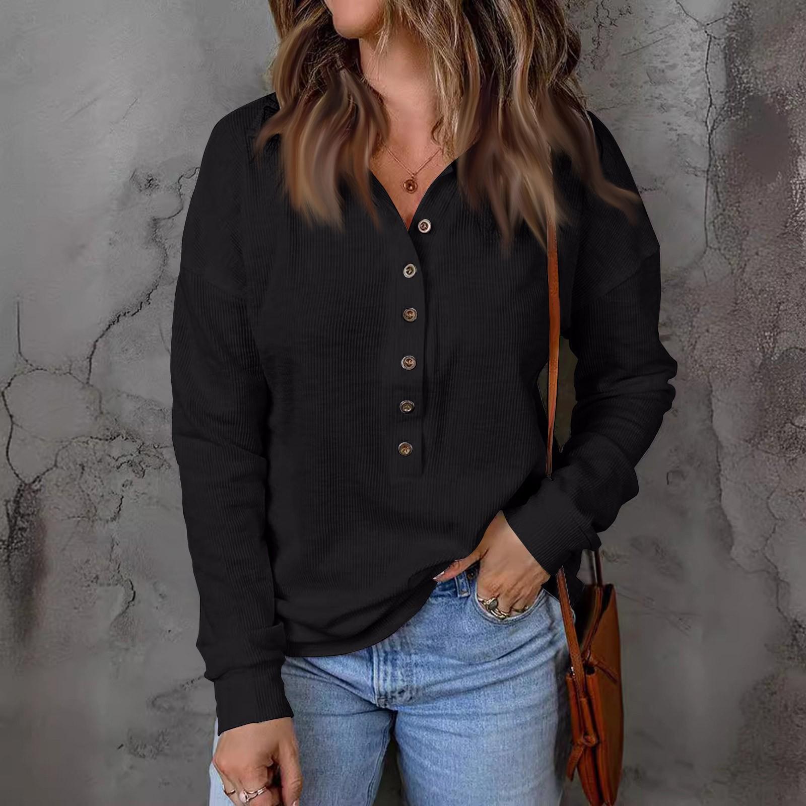 

Женский топ на пуговицах с лацканами и длинными рукавами, пуловер, однотонный вязаный свитер, свободный длинный рукав L чёрный